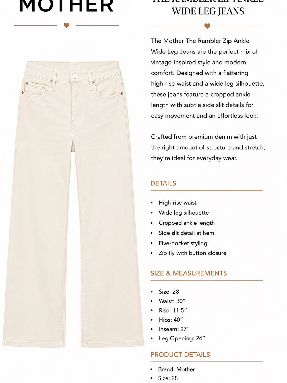 MOTHER Wide Leg Jeans in Cream